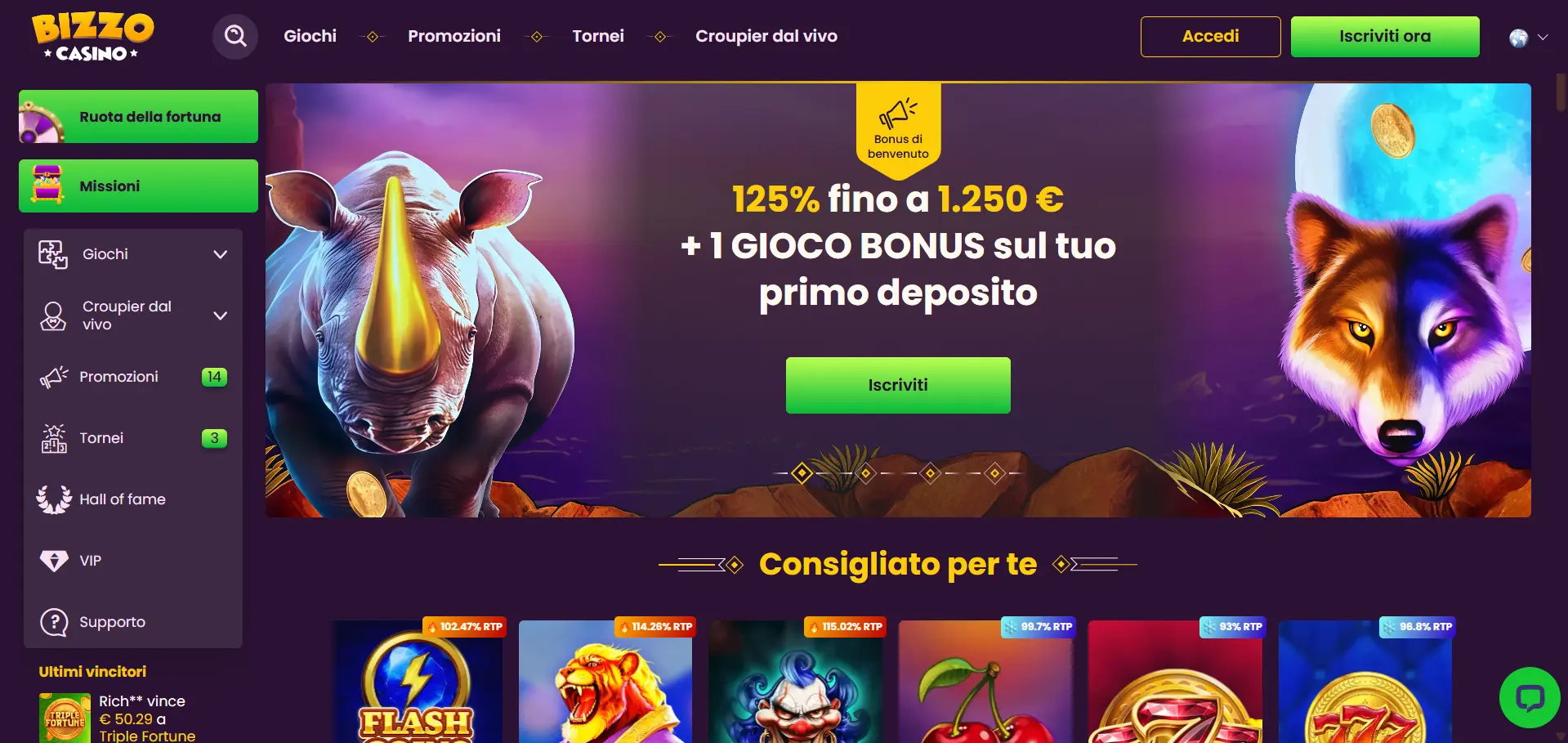 Bizzo casino Italia interfaccia principale